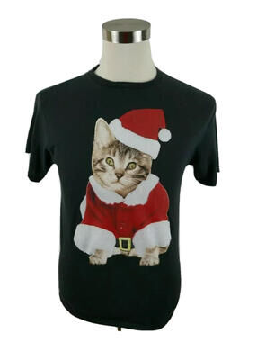 Delta Brand Mens SS Crew Neck Black T Shirt Santa Christmas Cat Kitty Medium